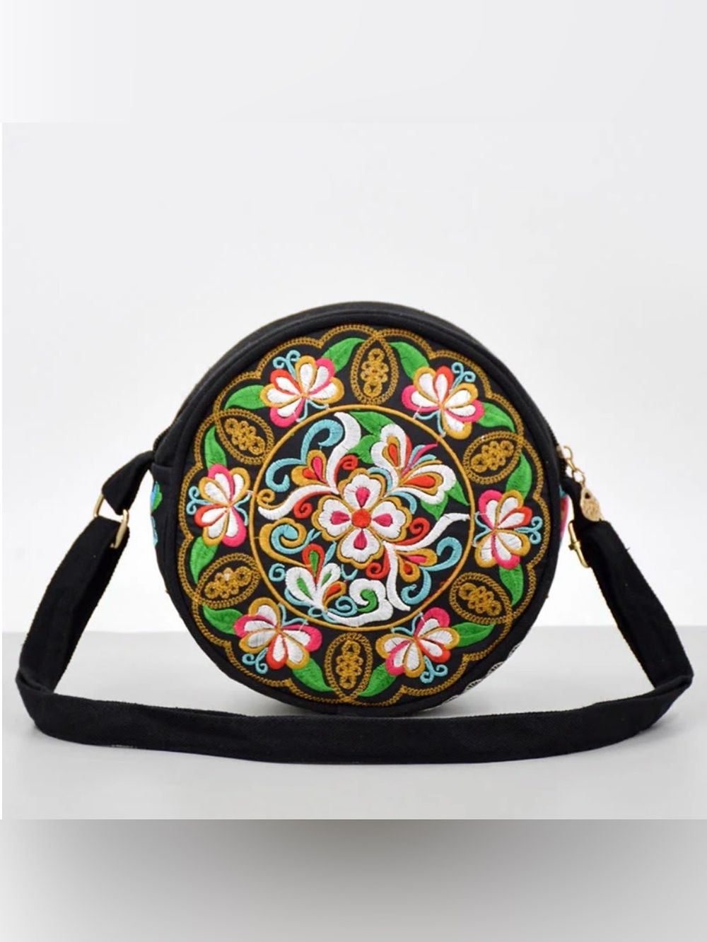 Galsang Flower Embroidered Round Crossbody Bag